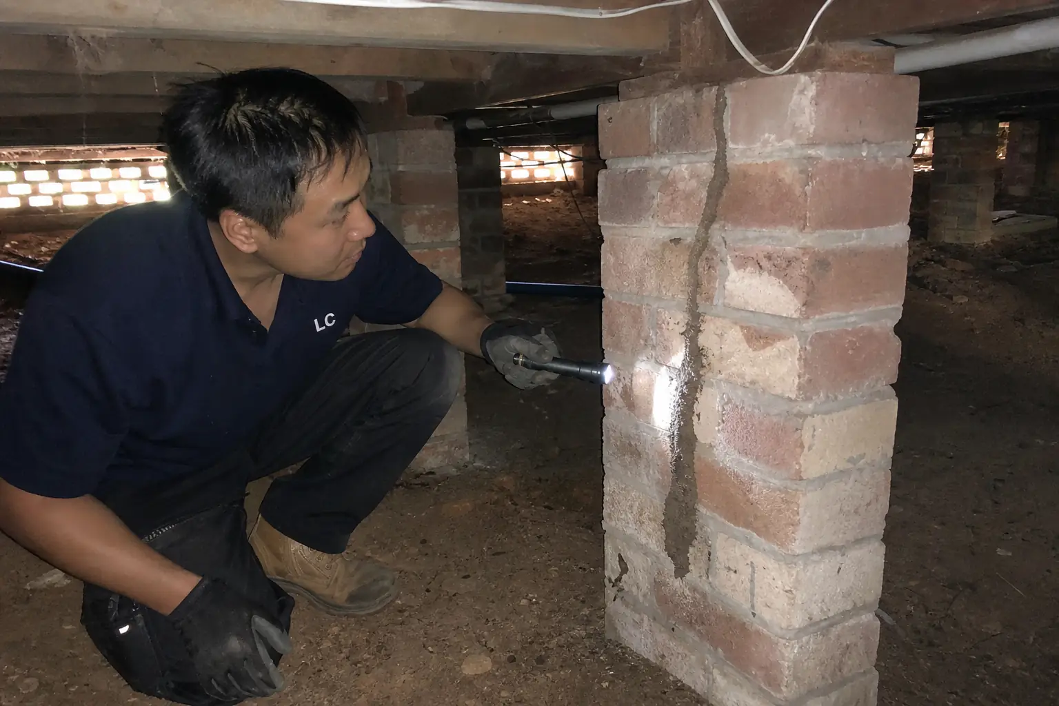 Illustration of a technician inspecting termite mud leads on a brick pier during a Sydney termite inspection