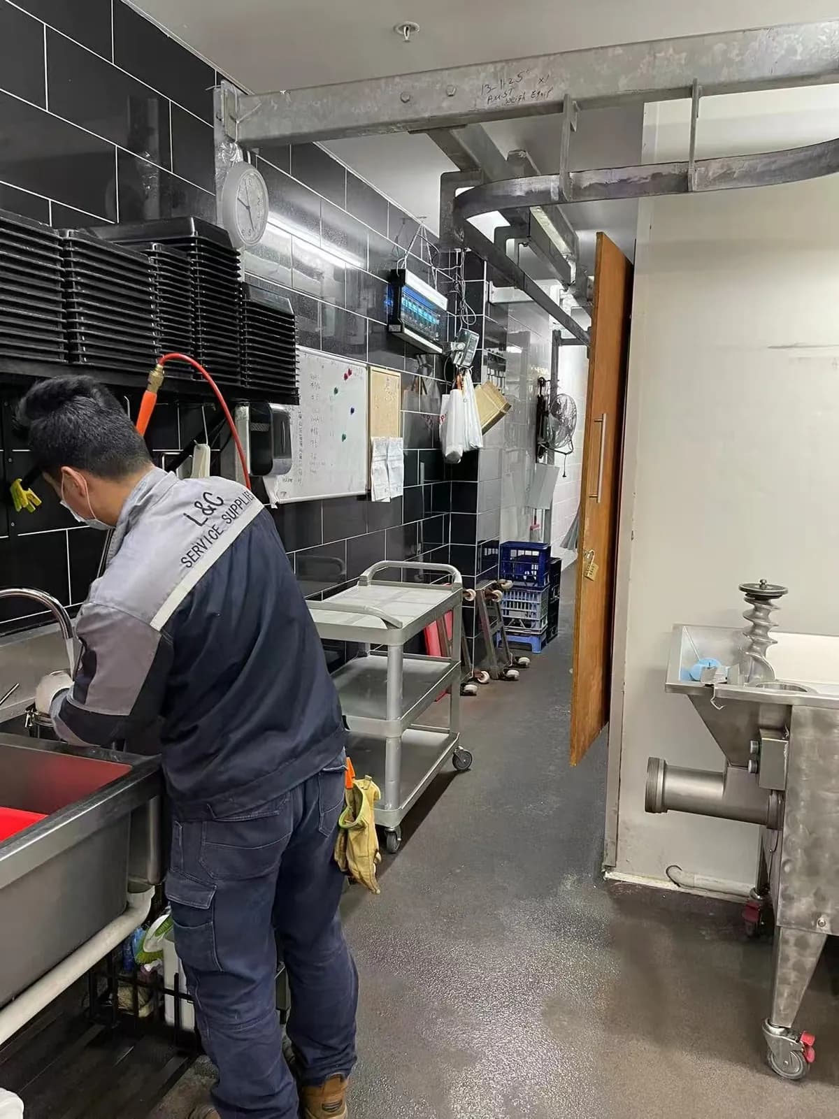 L&C Pest Management 技师在 Campsie 匿名肉店商业厨房处理小蟑螂
